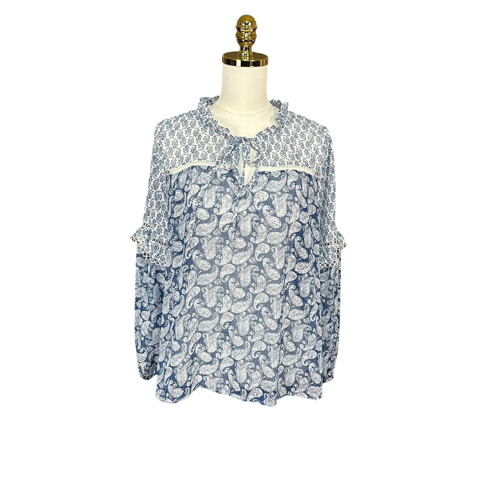 Blu Pepper Blue White Paisley Lace Trim Tie Neck Peasant Blouse Top Medium